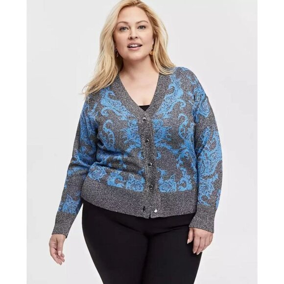 JM Collection Womens Plus 4X Metallic Threaded Cardigan Sweater Blue Black - Picture 1 of 13